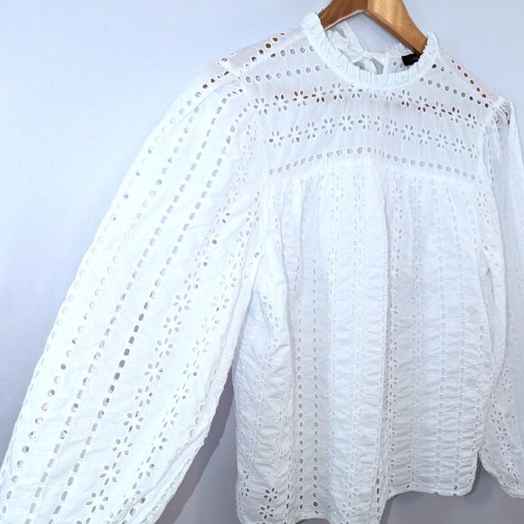 J. Crew | High Neck Long Sleeve White Eyelet Blouse | Size Medium - Picture 8 of 16